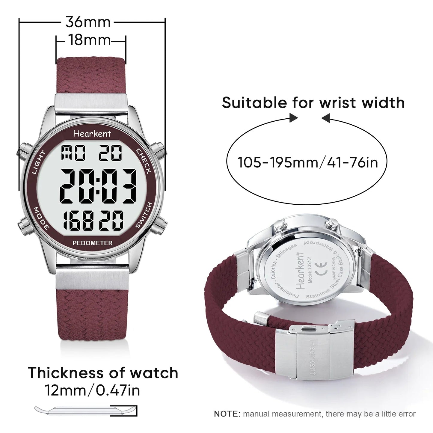 Digital watch with maroon strap and silver case, showing measurements and compatibility details.