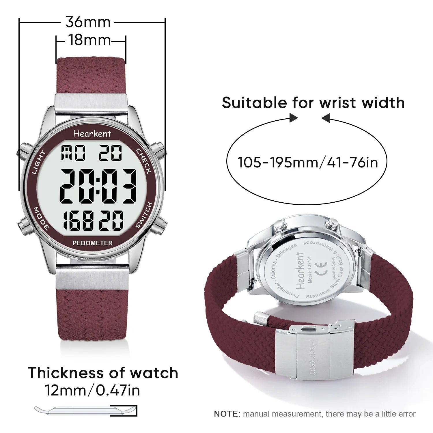 Digital watch with maroon strap and silver case, showing measurements and compatibility details.
