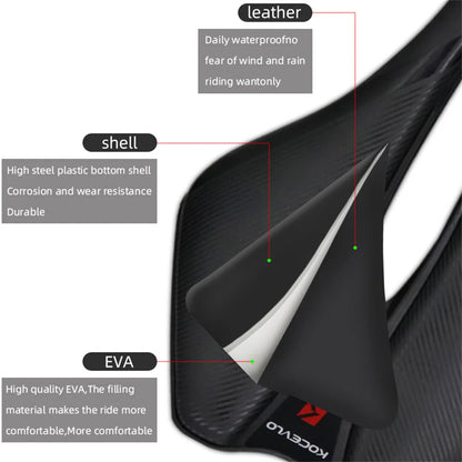 Black bicycle seat with labeled components on a white background