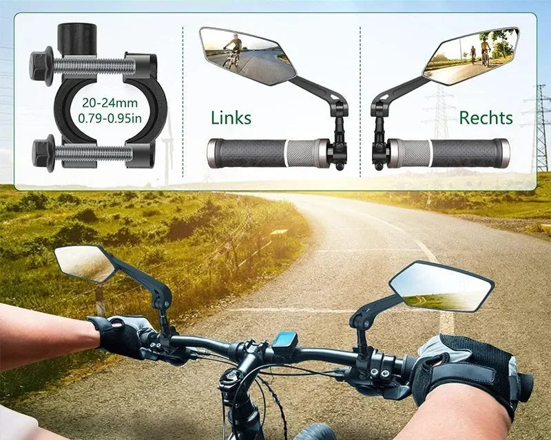 מראה אחורית לאופניים - מתכווננת וסיבובית לכידון אופני הרים ואופני כביש