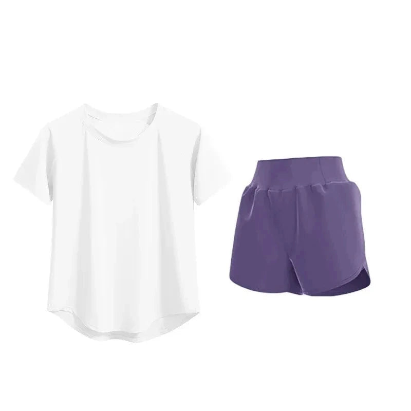 White t-shirt and purple shorts labeled 'Fitness uniform set' on a white background