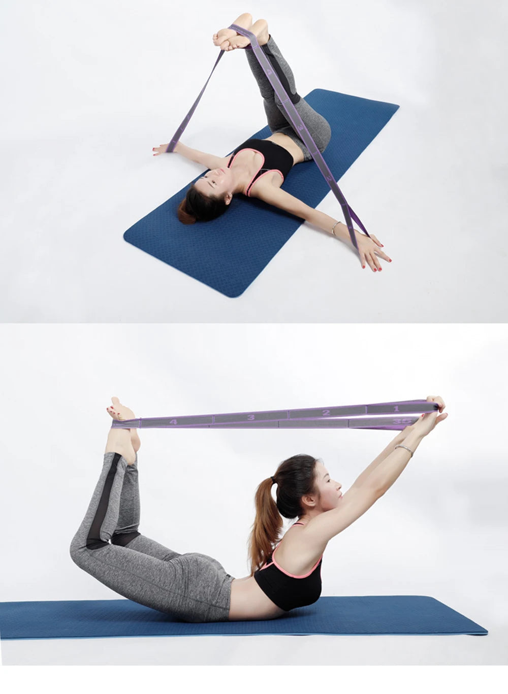 Woman using a resistance band for stretching exercises on a blue mat.