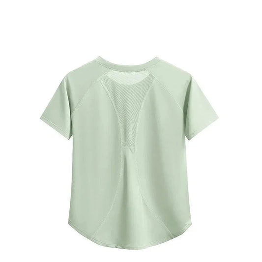 Light green fitness top with mesh stitching on a white background