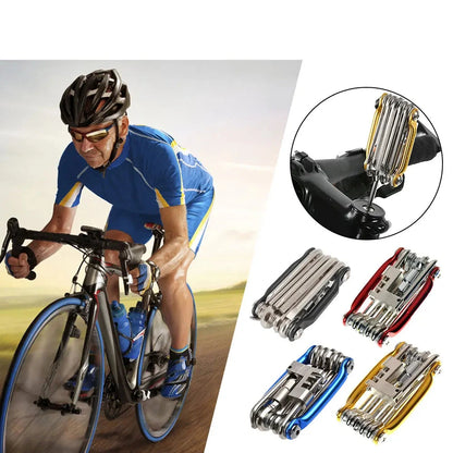 11-in-1 bicycle repair tool set with a cyclist on a road bike and close-up of tools.