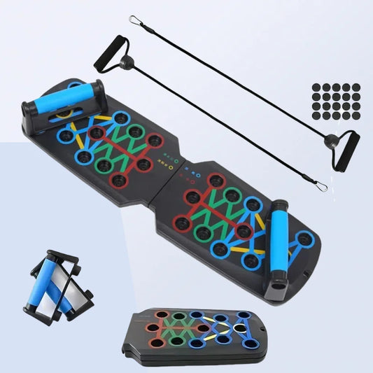 Multifunctional fitness tool with resistance bands and handles on a light blue background