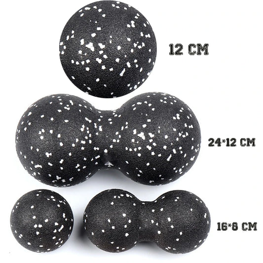 Black and white textured dumbbell-shaped stress ball with measurements on a white background