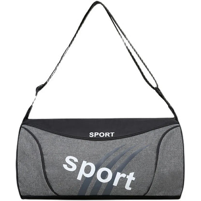 Gray sports bag with 'sport' branding on a white background