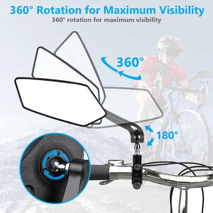 Bicycle mirror with 360-degree rotation feature on a blurred background
