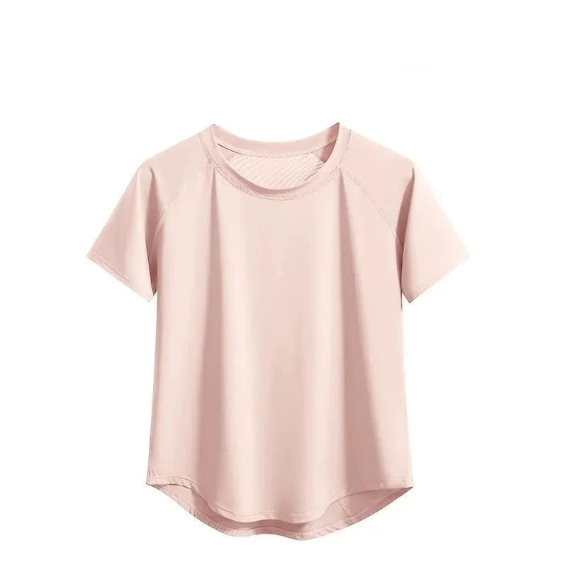 Pink t-shirt with mesh stitching on a white background