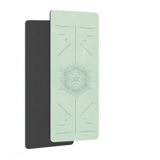 Light green yoga mat with black strap on a white background