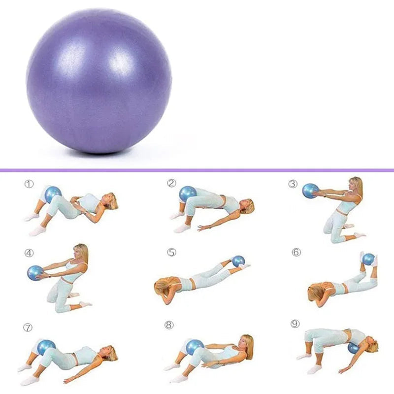 Purple yoga ball with exercise illustrations on a white background