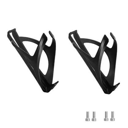 Two black bicycle bottle cages with mounting hardware on a white background
