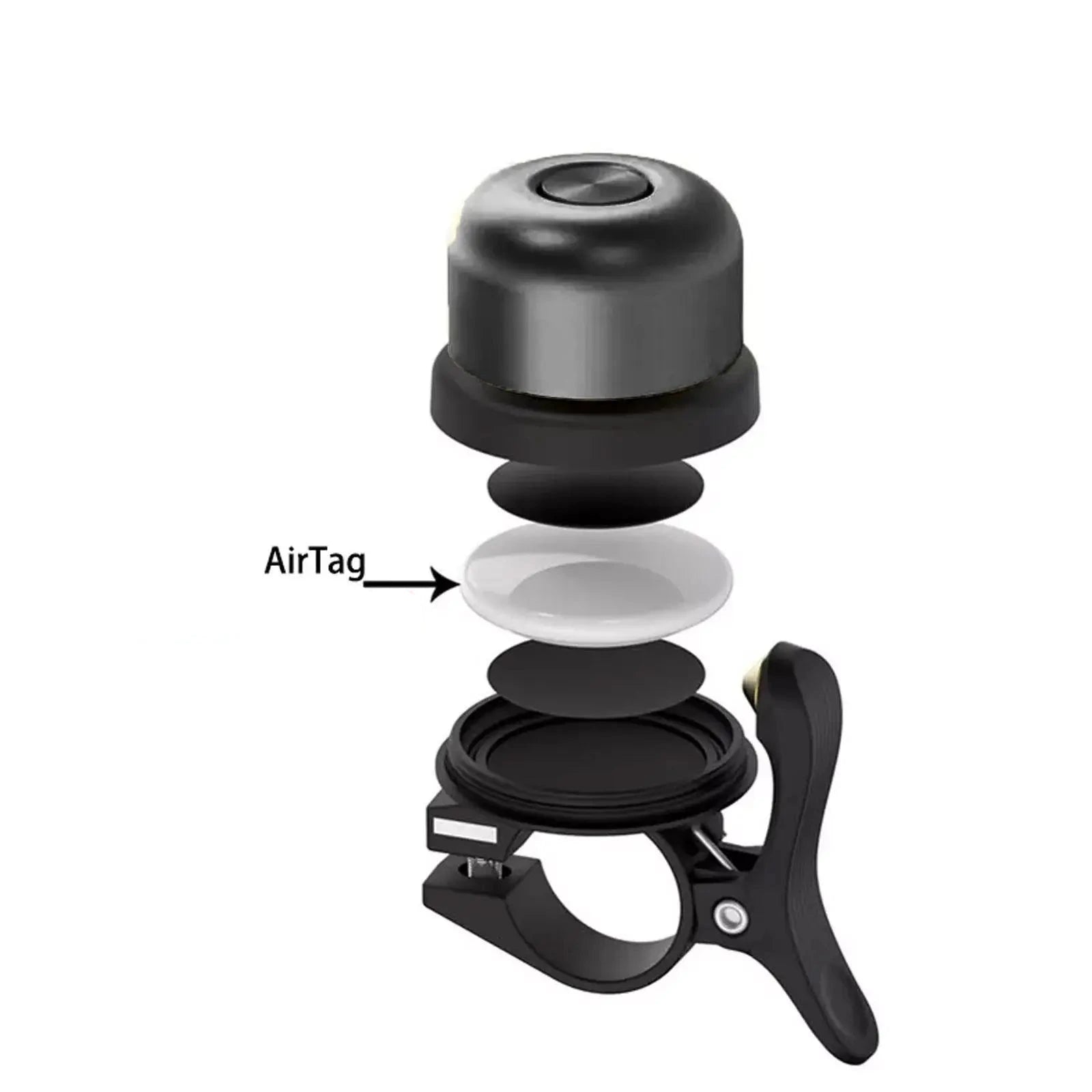 Black bike mount with instructions for using an AirTag on a white background