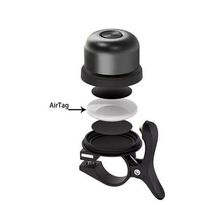 Black bike mount with instructions for using an AirTag on a white background
