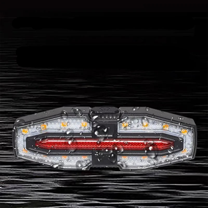 Bicycle light with water splashes on a black background and text about its waterproof feature.