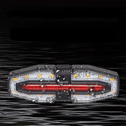 Bicycle light with water splashes on a black background and text about its waterproof feature.