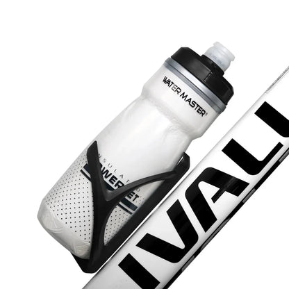 White water bottle with black text and accents on a white background