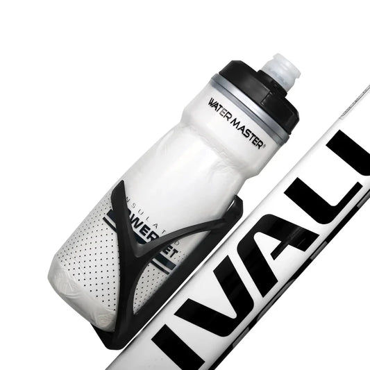 White water bottle with black text and accents on a white background