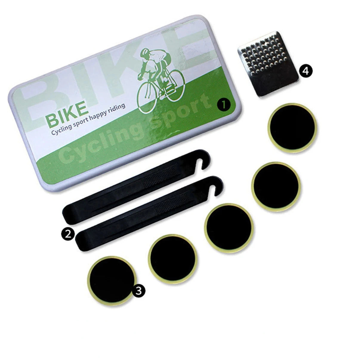 Bicycle repair kit with tools and patches on a white background
