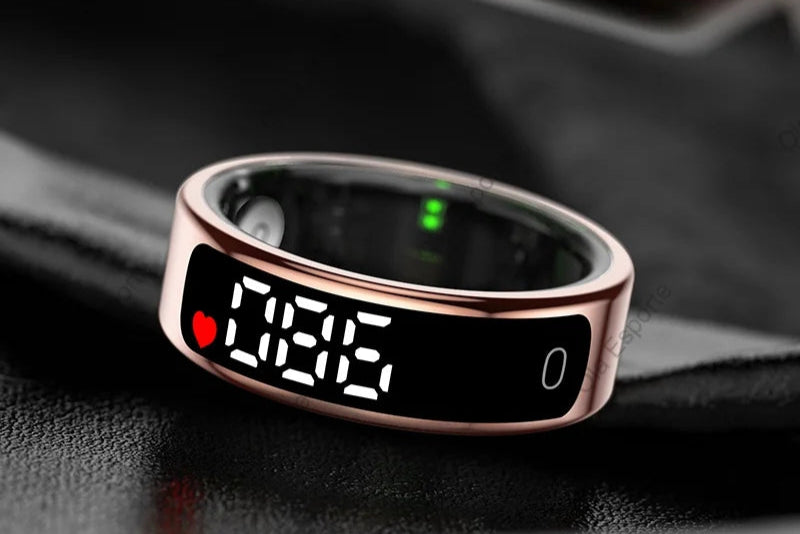 Smart ring with digital display on a dark surface