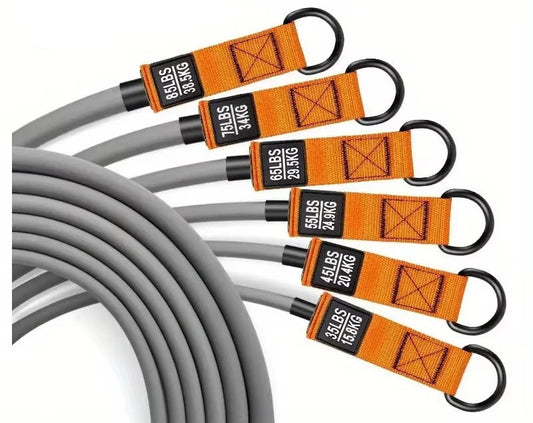 Resistance bands with labeled weight capacities on a white background
