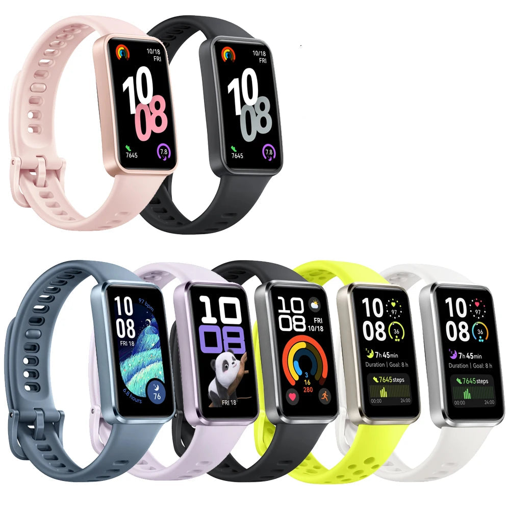 Smartwatches with various colored bands on a white background