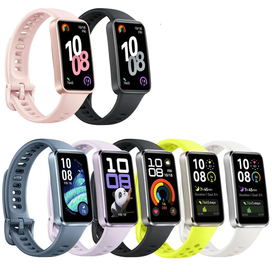 Smartwatches with various colored bands on a white background