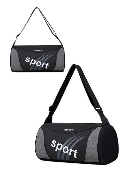 Black and gray duffel bag with 'sport' text on a white background