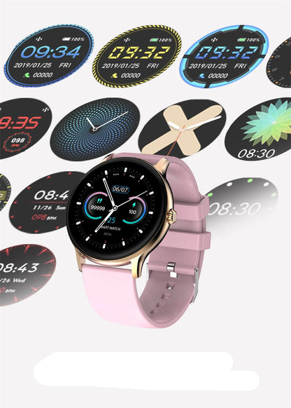 Smartwatch with pink band surrounded by various colorful display screens on a white background.