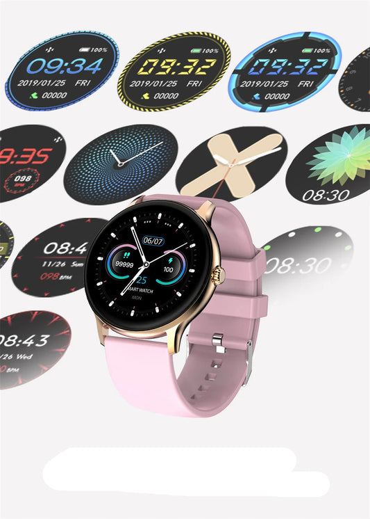 Smartwatch with pink band surrounded by various colorful display screens on a white background.