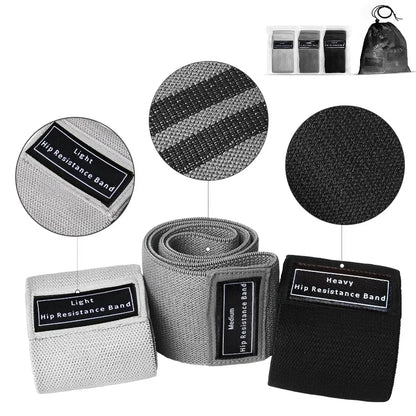 Collection of light, medium, and heavy hip resistance bands with packaging on a white background.