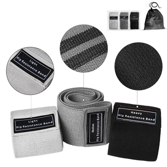 Collection of light, medium, and heavy hip resistance bands with packaging on a white background.