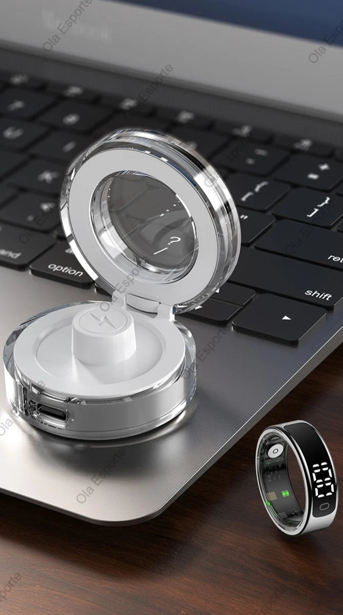 Smart ring with digital display on a laptop keyboard