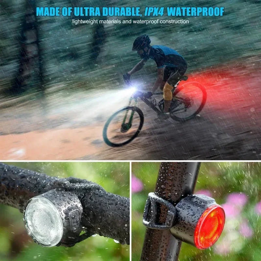 Bicycle lights with waterproof features being used by a cyclist on a rainy day.