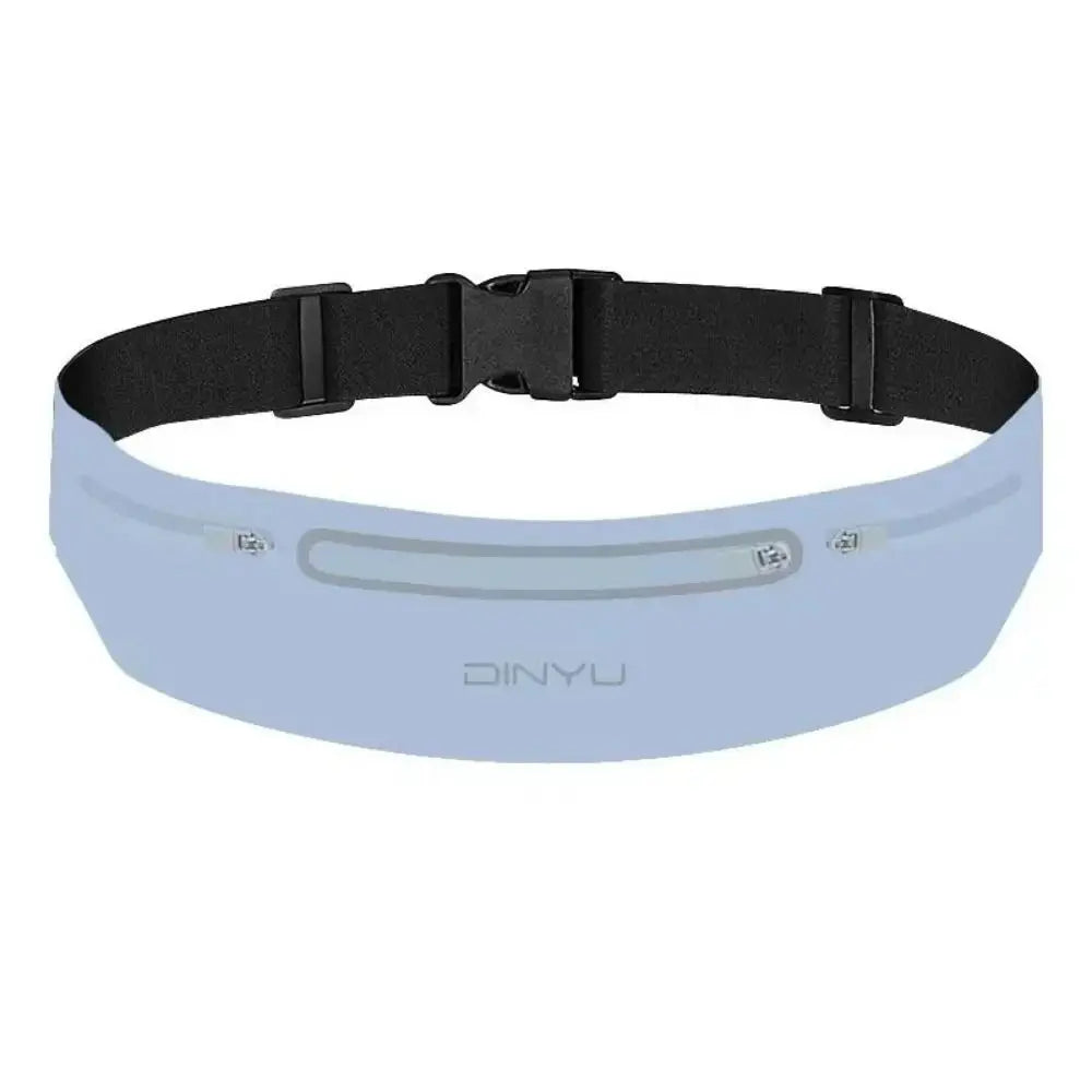 Light blue waist bag with black strap on a white background
