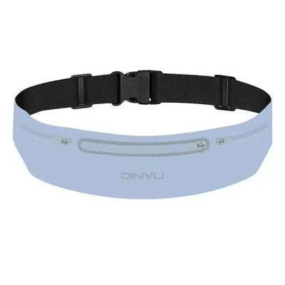Light blue waist bag with black strap on a white background